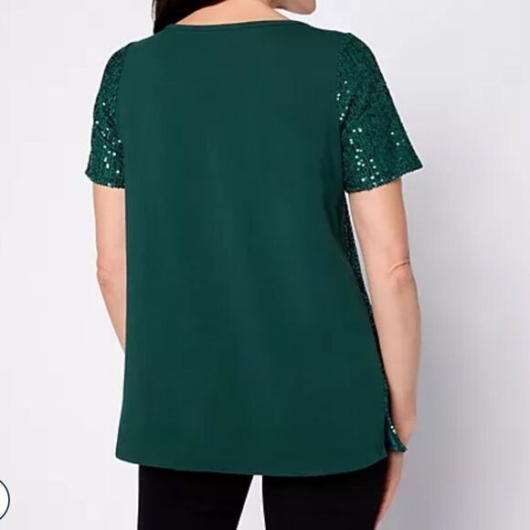 Belle‎ by Kim Gravel Jingle Belles Sequin Front Knit Back Top Graphite L NWT - Picture 2 of 6